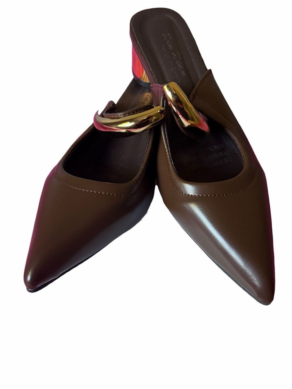 KIN KIAN Pointed Toe Brown Leather Slip-On Mules with Gold Accent Size 39